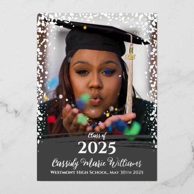 Grey Silver Confetti Foil Graduation Announcement (Front)