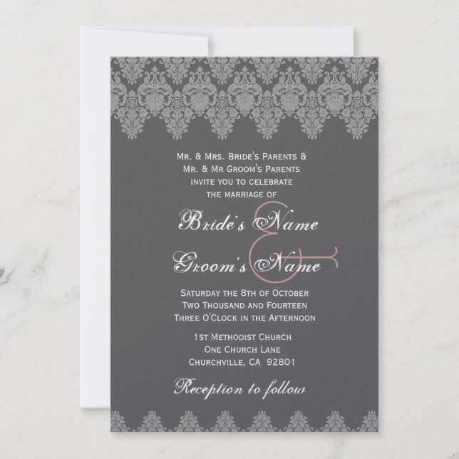 Grey Silver Damask Wedding Premium Metallic Invitation (Front)