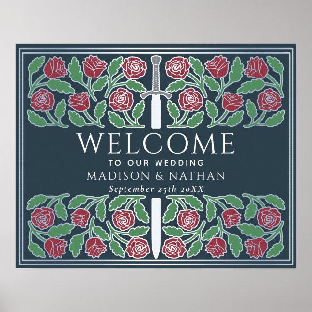 Grey Silver Floral Royal Wedding Welcome Sign (Front)