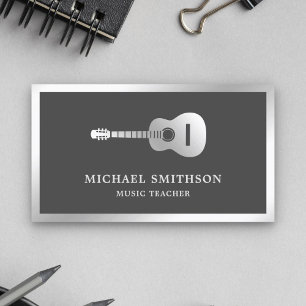 Grey Silver Foil Guitar Music Teacher Guitarist Business Card