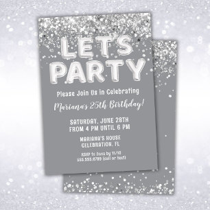 Grey Silver Glitter Birthday Party Invitation