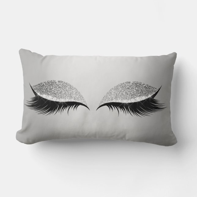 Grey Silver Glitter Black Eyes Glam Makeup Lashes Lumbar Cushion (Front)