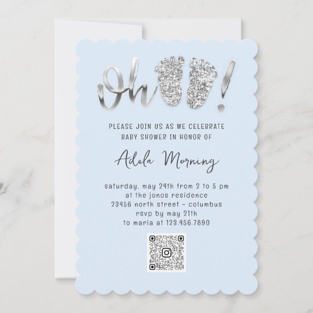 Grey Silver Glitter Feet Baby Girl Boy Blue QRCODE Invitation (Front)