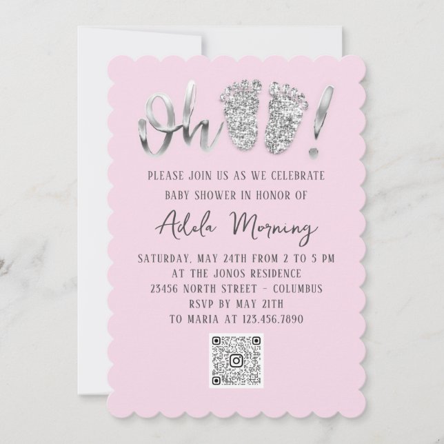 Grey Silver Glitter Feet Baby Girl QR CODE Pink  Invitation (Front)
