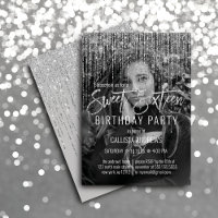 Grey Silver Glitter Fringe Photo Sweet 16