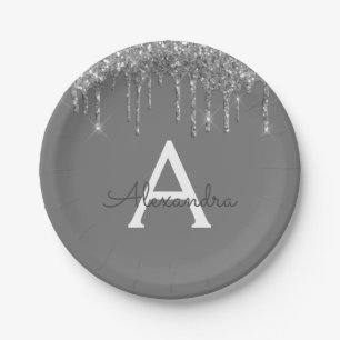 Grey Silver Glitter Monogram Birthday Paper Plate