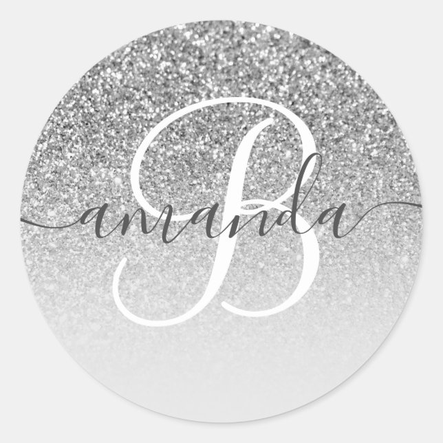 Grey Silver Glitter Ombre Monogrammed Classic Round Sticker (Front)
