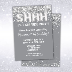 Grey Silver Glitter Surprise Birthday Party Invitation