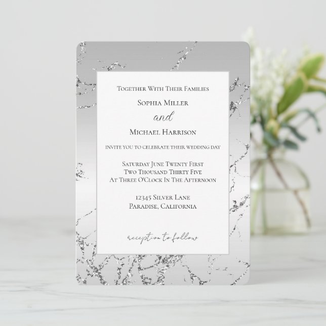 Grey Silver Glitzy Faux Glitter Wedding Invitation (Standing Front)