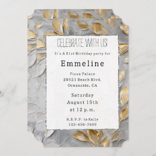 Grey Silver Gold Leaves Invitation