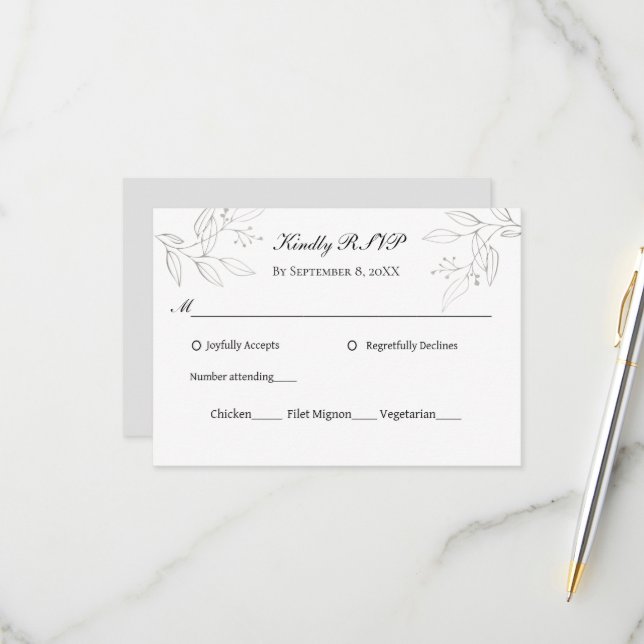 Grey Silver Leaves Minimalist Wedding Entrees  RSV RSVP Card (Front/Back In Situ)