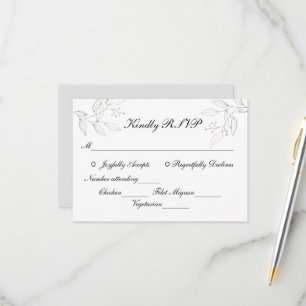 Grey Silver Leaves Minimalist Wedding Entrees RSVP Card