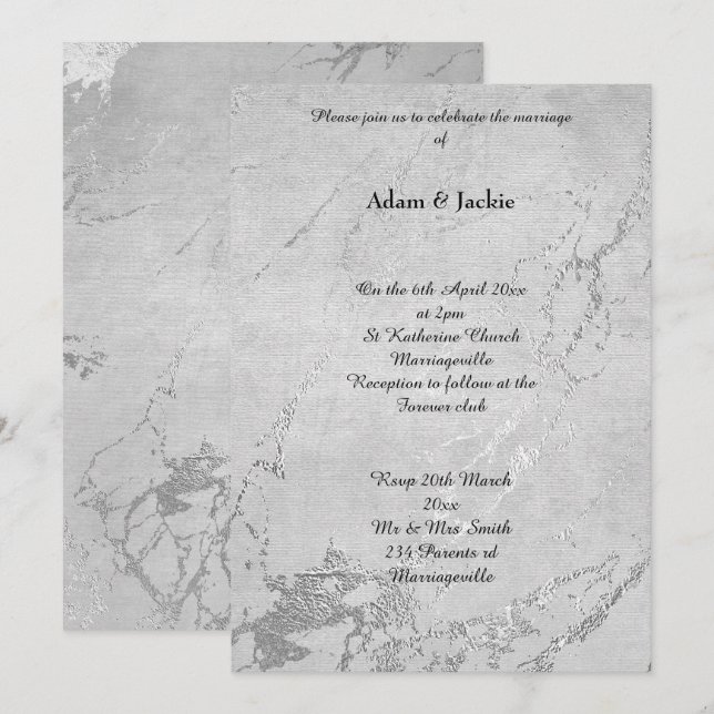 Grey Silver Marble Print Simple Wedding Invitation (Front/Back)