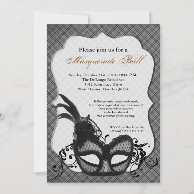 Grey Silver Masquerade Mask Ball Costume Halloween Invitation (Front)