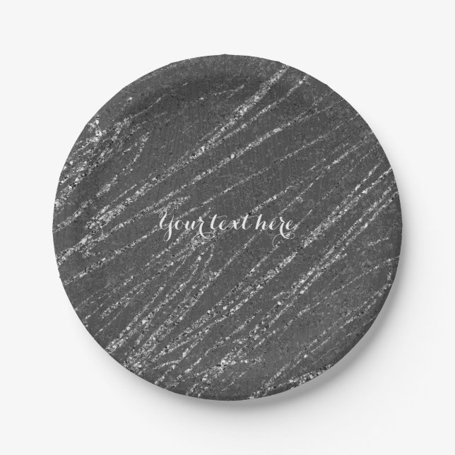 Grey & Silver Modern Marble Glam Stripe Party Paper Plate (Front)