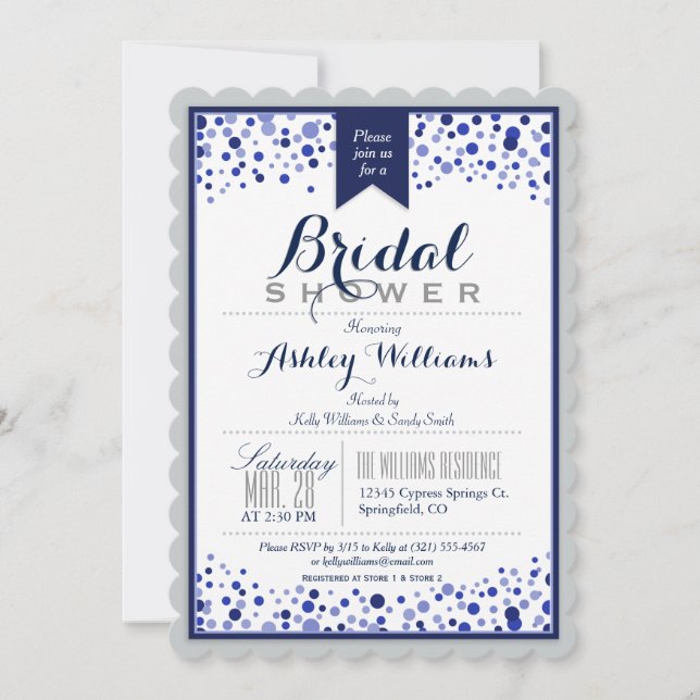 Grey, Silver, & Navy Blue Bridal Shower Invitation (Front)