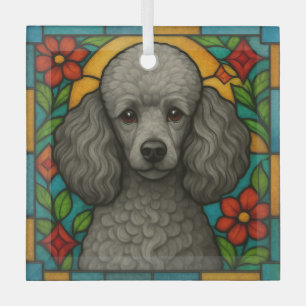 Grey/Silver Poodle Dog "Stained Glass"  Glass Tree Decoration