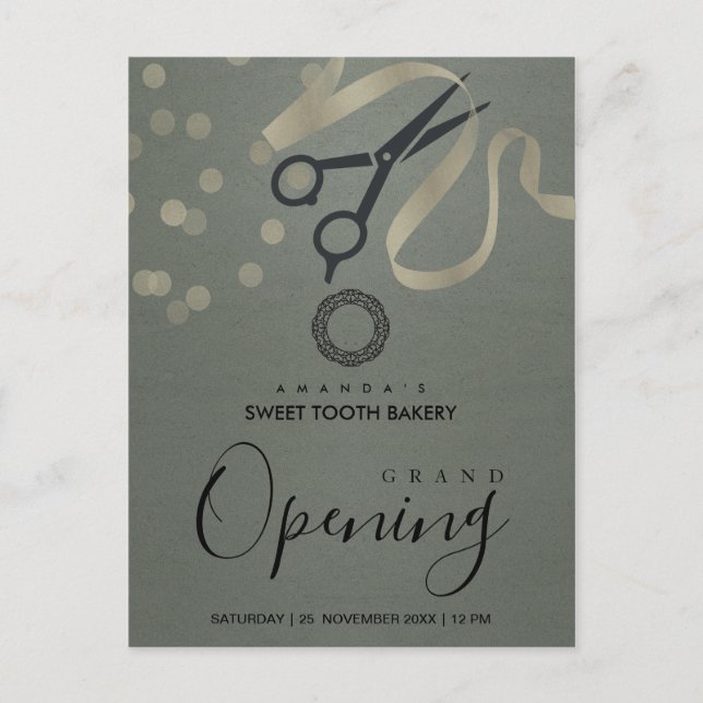 GREY SILVER RIBBON CUTTING GRAND OPENING INVITE POSTCARD (Front)