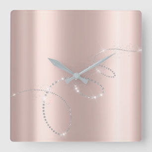 Grey Silver Rose Pastel Crystals Infinity Diamonds Square Wall Clock