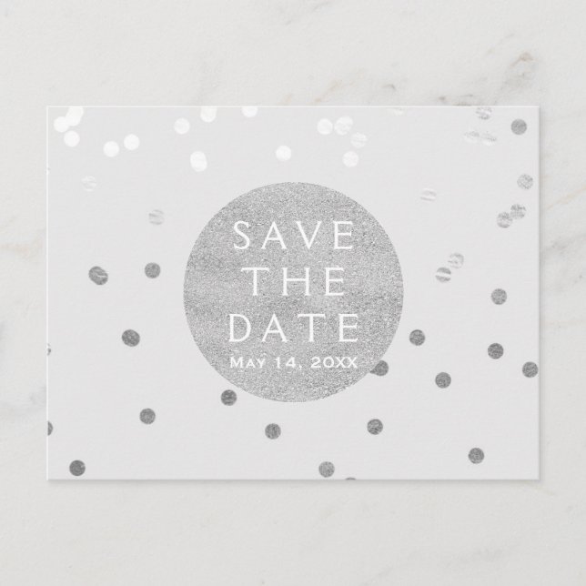 Grey& Silver Shiny Confetti Dots Save The Date Announcement Postcard (Front)