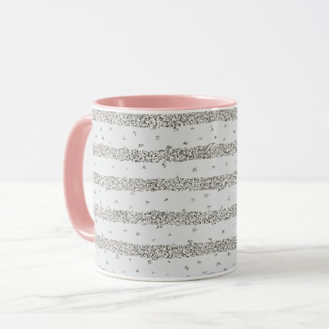 Grey Silver Sparkly Confetti Stripes Mug (Front Left)