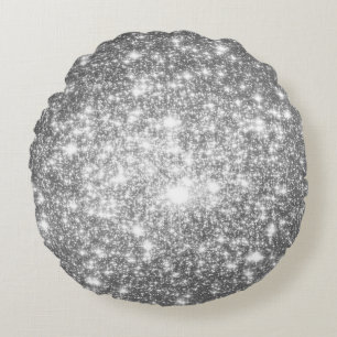Grey Silver Stars Round Pillow
