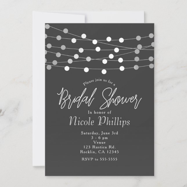 Grey Silver String Lights Modern Bridal Shower Invitation (Front)