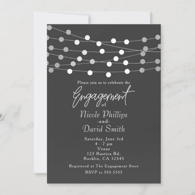 Grey Silver String Lights Modern Engagement Invitation (Front)
