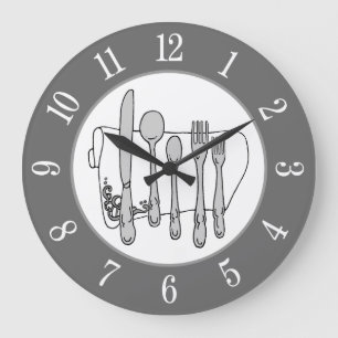 Grey Silverware White Napkin White Number on Grey Large Clock