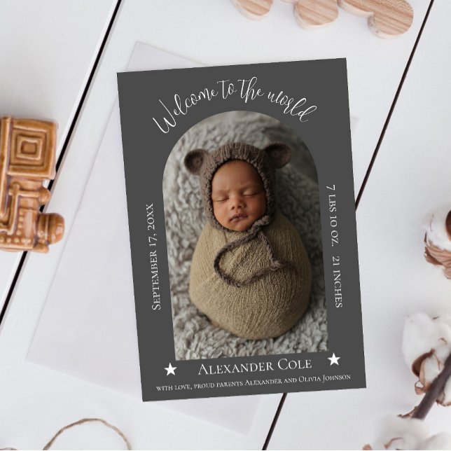 Grey Simple Arch Frame Photo Birth Announcement (Gray Simple Arch Frame Photo Birth Announcement)