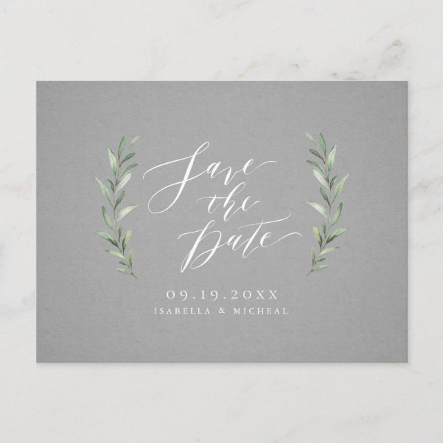 Grey Simple calligraphy rustic greenery wedding Announcement Postcard (Front)