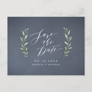 Grey simple calligraphy rustic greenery wedding announcement postcard
