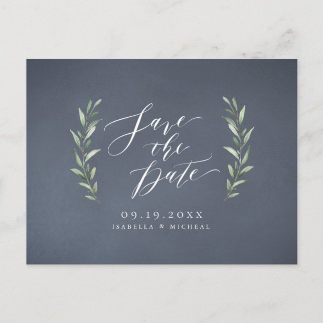 Grey simple calligraphy rustic greenery wedding announcement postcard (Front)