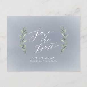 Grey simple calligraphy rustic greenery wedding announcement postcard