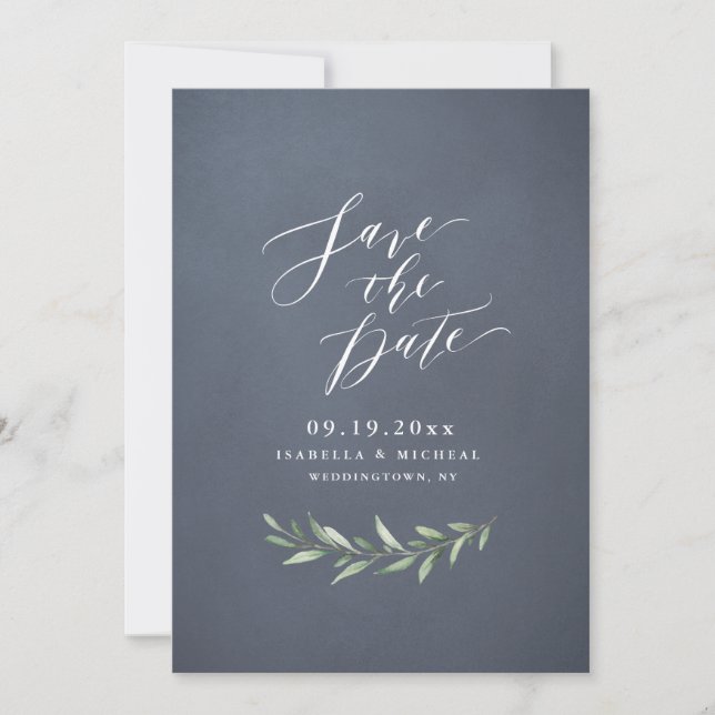Grey simple calligraphy rustic greenery wedding save the date (Front)