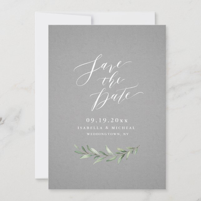 Grey Simple calligraphy rustic greenery wedding Save The Date (Front)