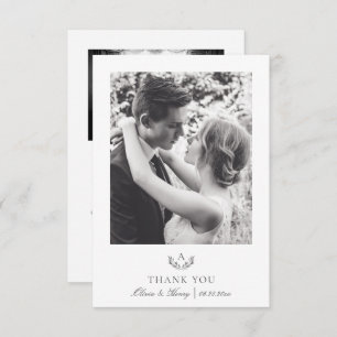 Grey Simple Elegant Monogram Wedding 2 Photo Thank You Card