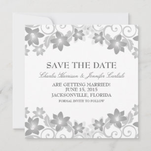Grey Simple Floral Save the Date Invite