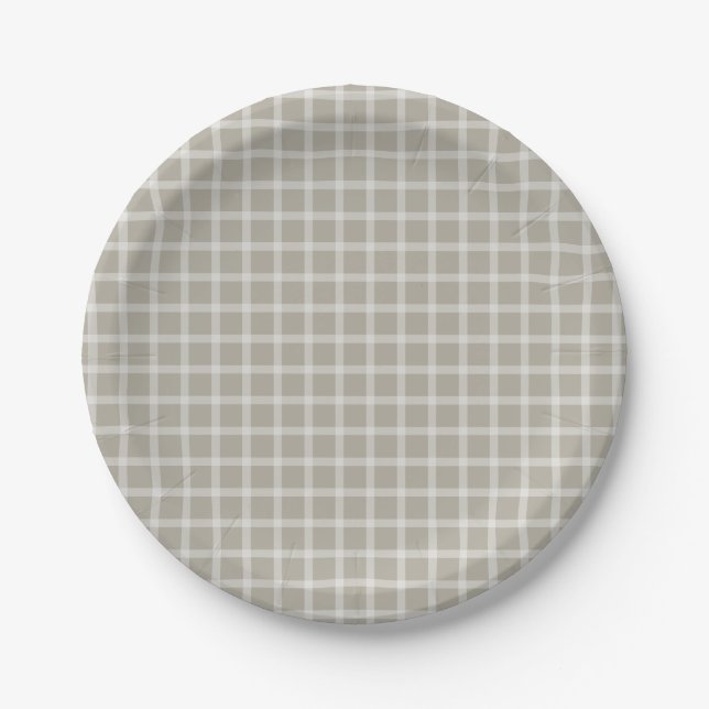 Grey Simple Gingham Gender Neutral Baby Shower Paper Plate (Front)