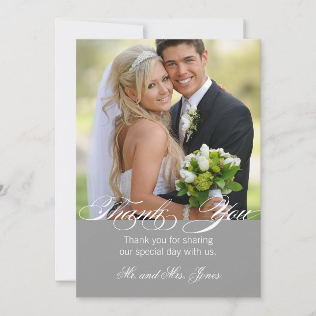 Grey Simple Photo Wedding Thank You Card (Front)