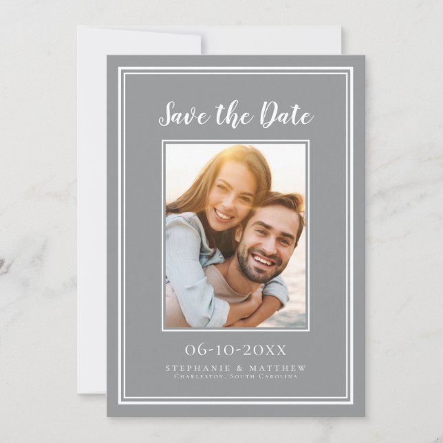 Grey Simple Wedding Engagement Picture Modern Save The Date (Front)