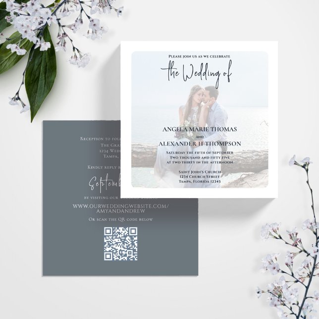 Grey Simple Wedding Photo Template (Elegant photo simple grey wedding invitation with a scannable QR code.)
