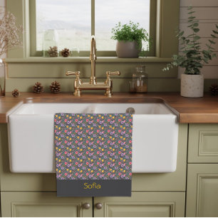 Grey simple wildflower pattern name tea towel
