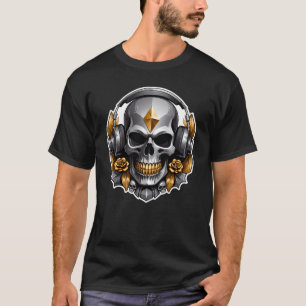 Grey Skull Gold Flowers with Headphones T-Shirt