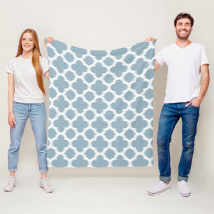 Grey Slate Blue White Ikat Quatrefoil Pattern Fleece Blanket
