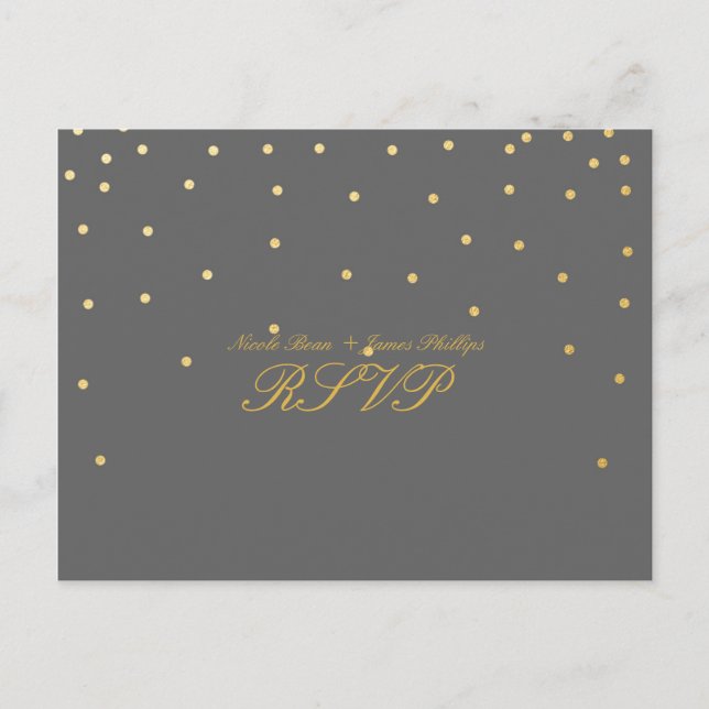 Grey & Small Gold Confetti RSVP Wedding Postcard (Front)
