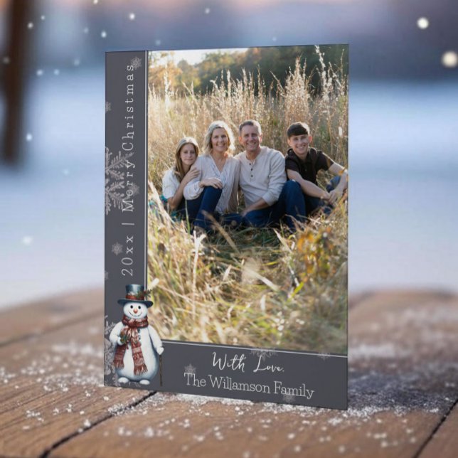 Grey Smiling Snowman Photo Holiday Card (Gray Smiling Snowman Holiday Photo Card)