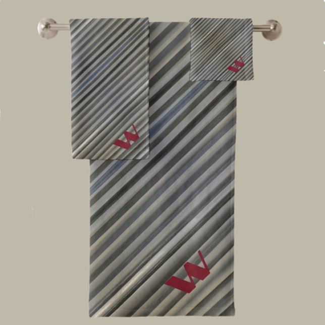 Grey Smokey Monochromatic Stripes Monogrammed Bath Towel Set (Creator Uploaded)