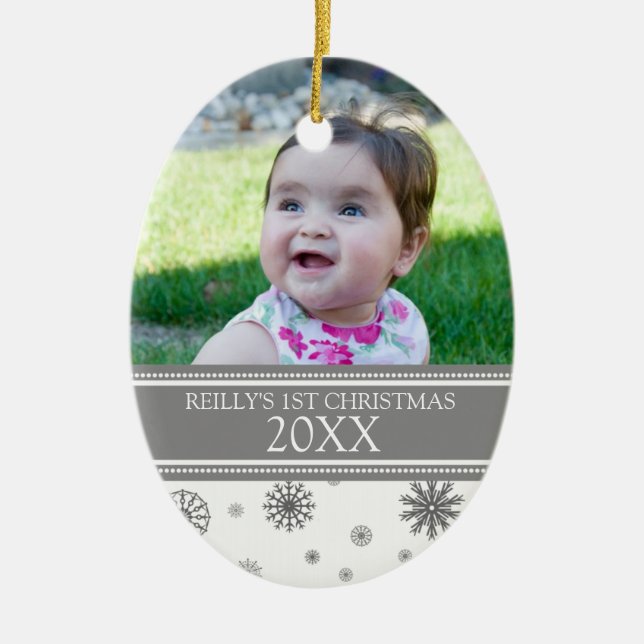 Grey Snow Photo Baby's 1st Christmas Ornament (Front)