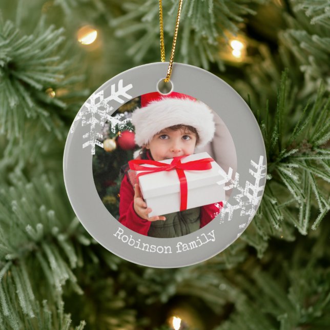 Grey Snowflake Family Photo Ceramic Tree Decoration (Tree)